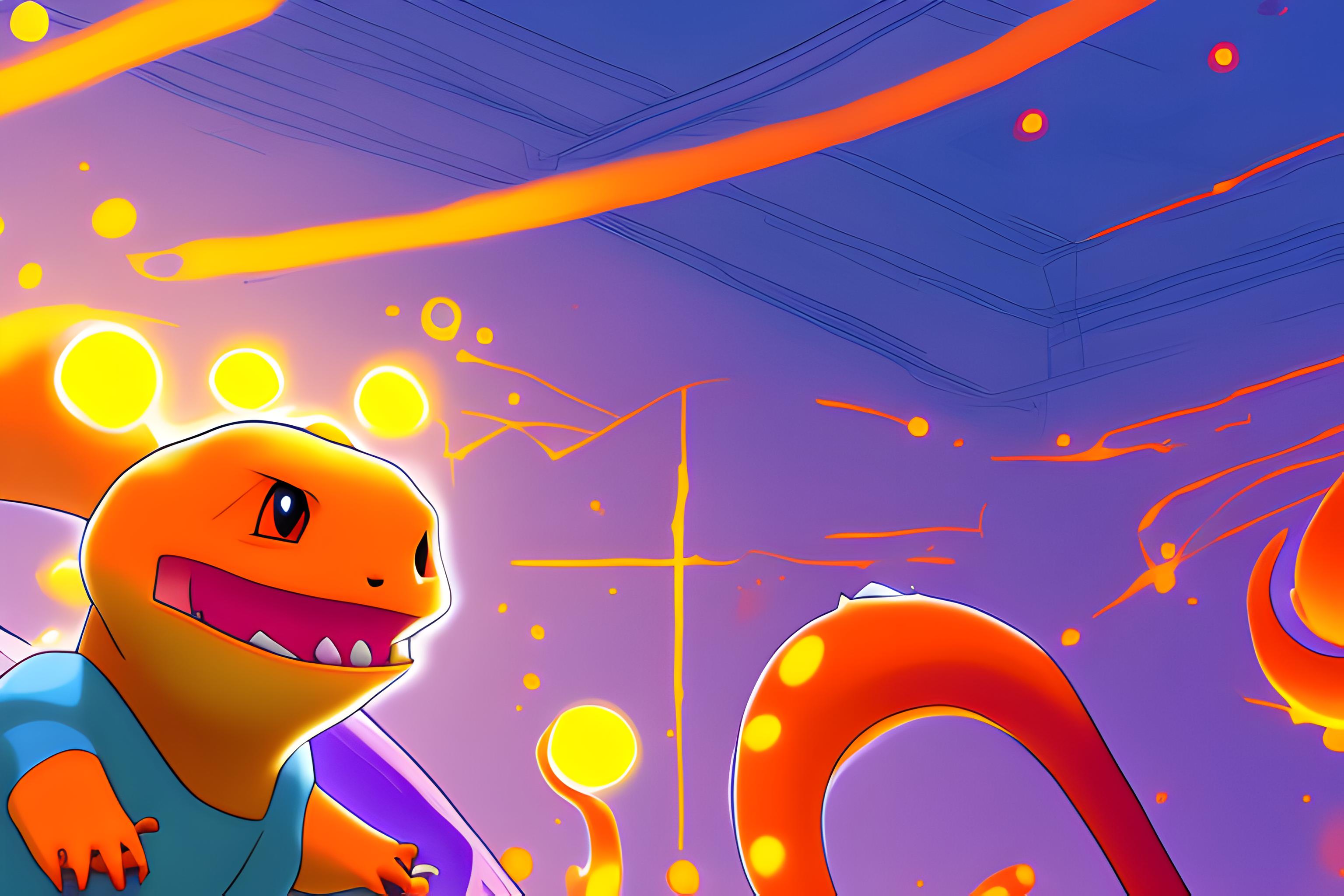 um charmander pixelado com cores vivas no centro de um fundo preto
